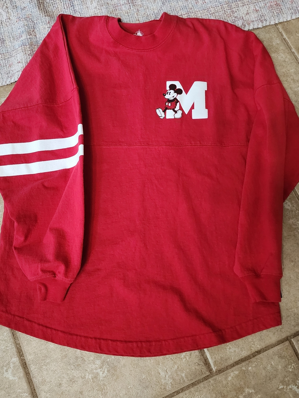 Disney Parks Red Long Sleeve Tee Rugby with White Stripes & Mickey Graphic